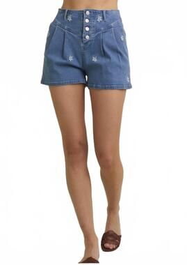 NEW GILLI floral embroidery pleated shorts in light denim